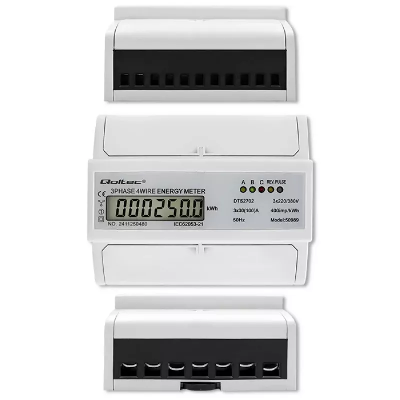 Qoltec kolmefaasiline kahesuunaline elektrooniline arvesti | DIN-rööpale paigaldatav energiatarbimise arvesti | 400V | 100A | LCD | 4P
