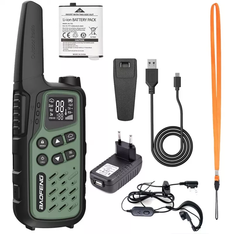 Käsiraadio Baofeng BF-T25E — 16 kanalit, 2 × 1400 mAh Li-Ion, VOX, LCD, roheline, komplekt 2 tk