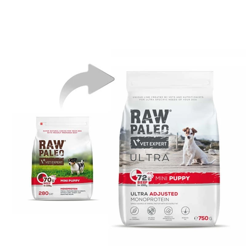 Kuiv koeratoit VETEXPERT RAW PALEO Ultra Mini Puppy Beef 750 g — teraviljavaba, valk 30,5%, rasv 16,5% väikestele tõugudele (5–10 kg)