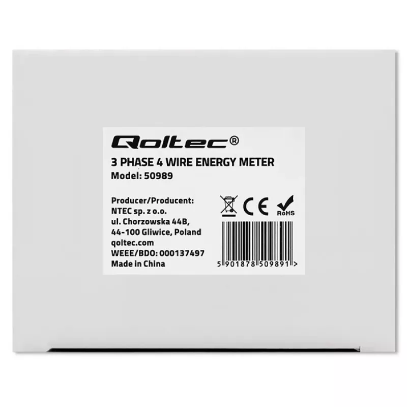 Qoltec kolmefaasiline kahesuunaline elektrooniline arvesti | DIN-rööpale paigaldatav energiatarbimise arvesti | 400V | 100A | LCD | 4P