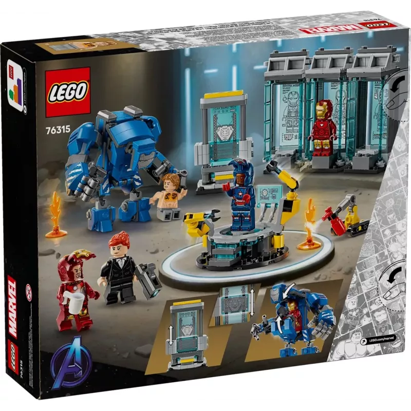 LEGO mängukomplekt Marvel: Raudmehe labori raudrüüsaal 76315 — 384 osa, 5 minifiguuri, vitriiniala