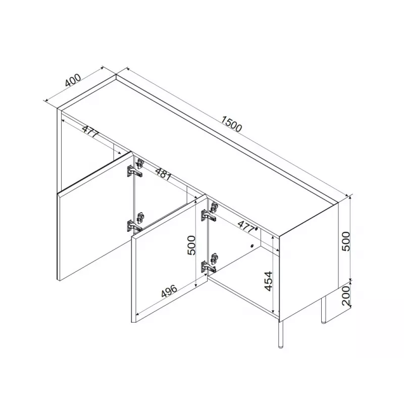 Kummut cama meble FELLINI 150×40×70 cm, oliivivärvi õlitatud tamme pealispinnaga, MDF karkass