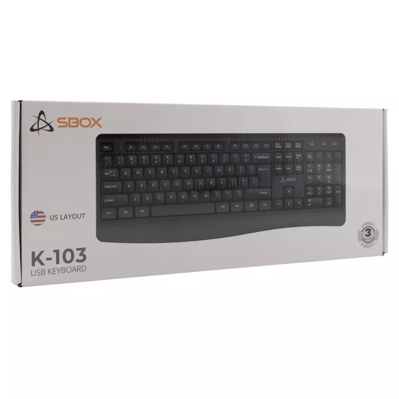 Juhtmega USB klaviatuur SBOX K-103 US must — USA paigutus, USB-ühendus