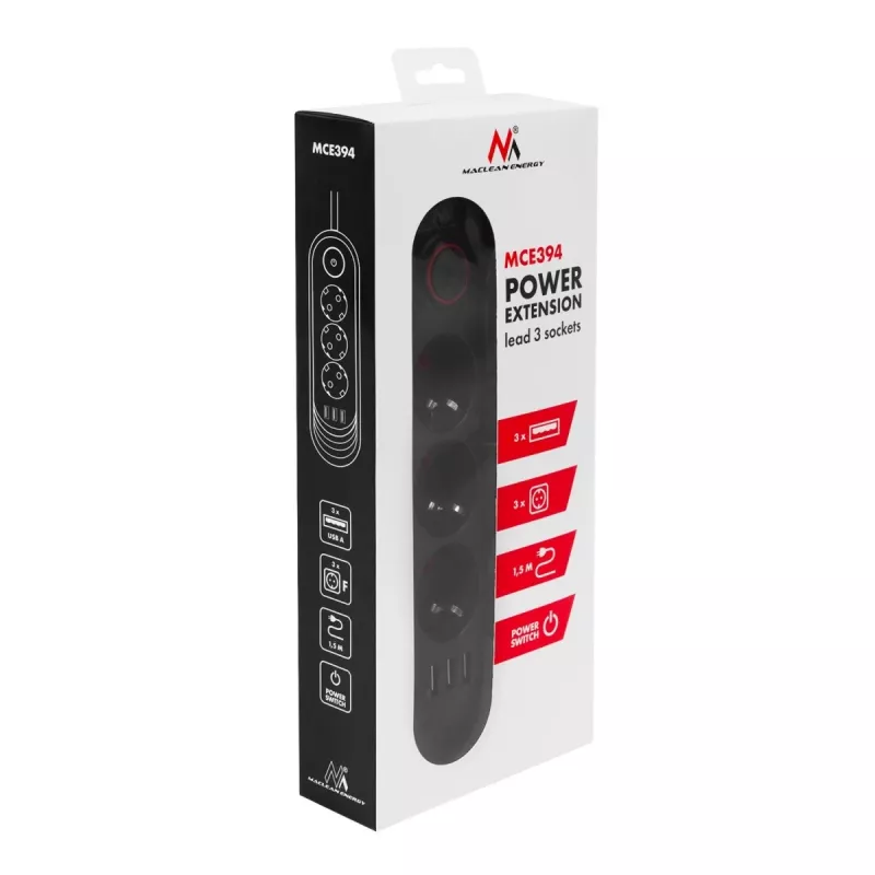 Pikendusjuhe MACLEAN MCE394 B — 3 pistikupesa + 3×USB A, 110–240V, 2,1A USB, 2500W, 1,5 m kaabel, must