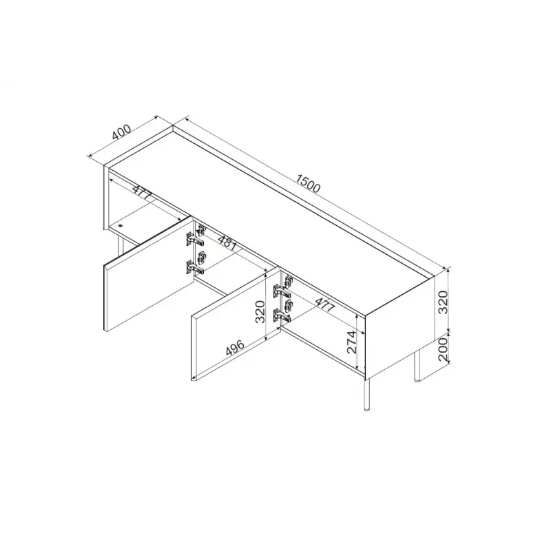 Cama FELLINI TV-kapp 150x40x52 oliivroheline + õlitatud tammest pealisplaat