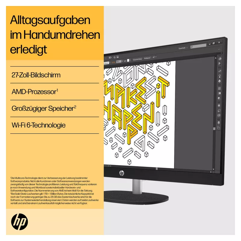 HP 27-cr0471ng - Kõik-ühes (terviklahendus) - Ryzen 7 7730U - RAM 16 GB - SSD 512 GB - NVMe - Radeon Graphics - 1GbE, Wi-Fi 6, Bluetooth - WLAN: 802.11a/b/g/n/ac/ax, Bluetooth