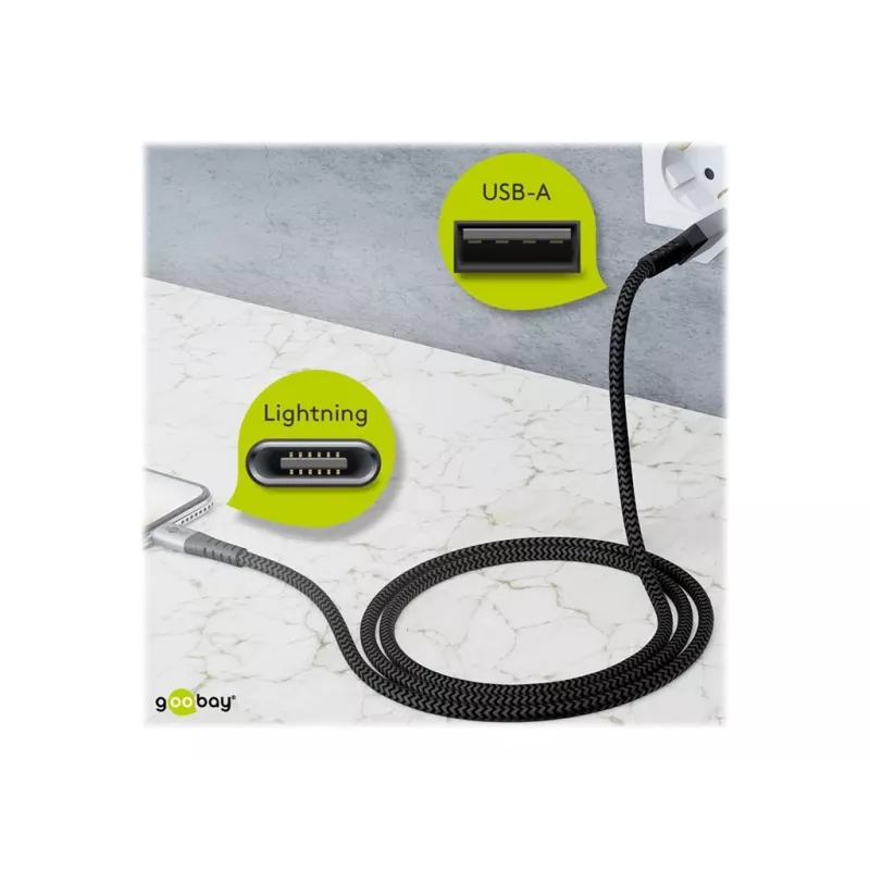 USB-A – Lightning-kaabel GOOBAY 2 m, tekstiilümbris, 3,3 mm läbimõõt, kosmosehall/hõbedane