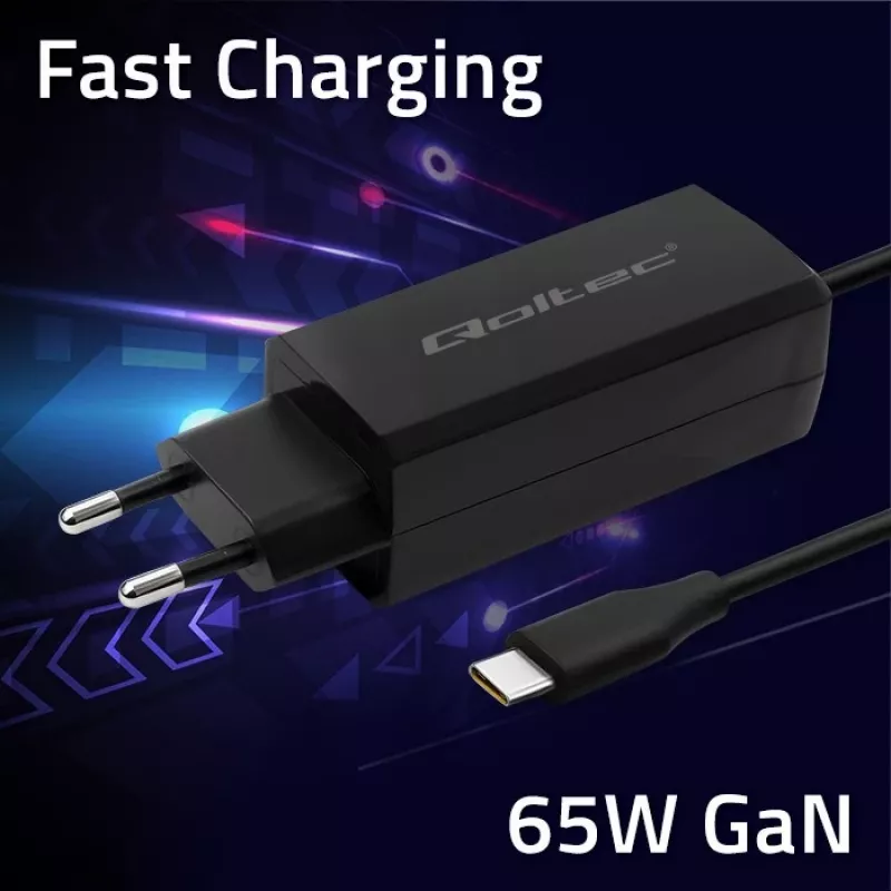 GaN sülearvuti laadija QOLTEC 52419 65W USB-C PD 5V/20V 3A/3.25A, 220–240V, 1,8 m kaabel, must