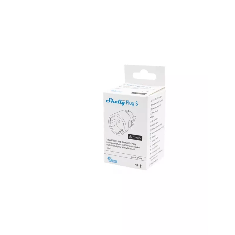 Nutikas pistikupesa Shelly Plug S Gen3 — „Wi‑Fi“ nutikas pistikupesa energiaseirega, Tüüp F, 110–230 V, 2500 W, valge