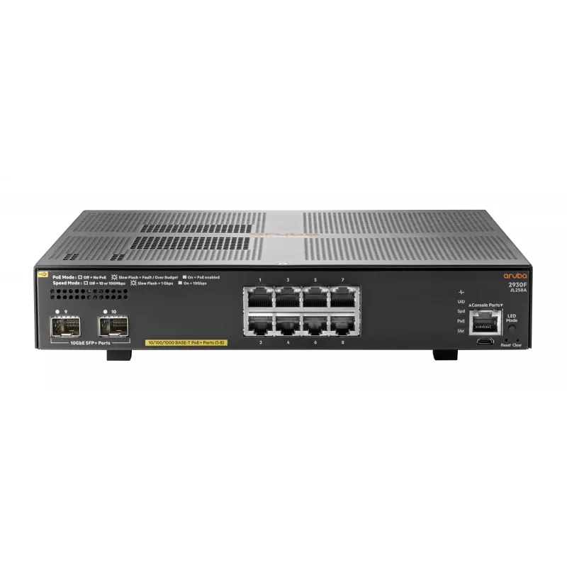 Hewlett Packard Enterprise HPE Aruba 2930F 8G PoE+ 2SFP+ - Switch - L3 - hallatav - 8 x 10/100/1000 (PoE+) + 2 x 1 Gigabit/10 Gigabit SFP+ (üleslüli) - riiulipaigaldus - PoE+ (125