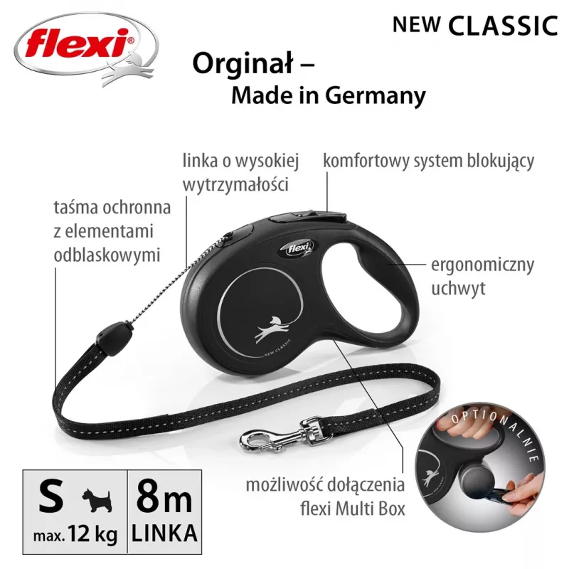Flexi uus CLASSIC 8 m musta koera väljatõmmatav jalutusrihm
