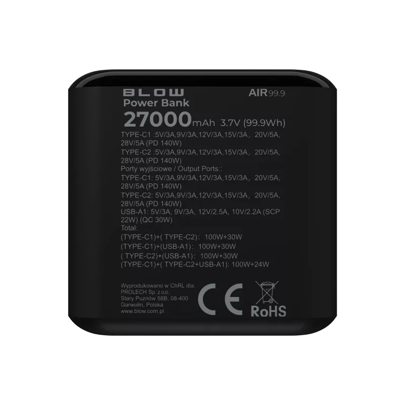 Power bank BLOW AIR99.9 27000mAh PD 140W LCD — 2× USB‑C, 1× USB‑A, 27000 mAh, 140 W kokku