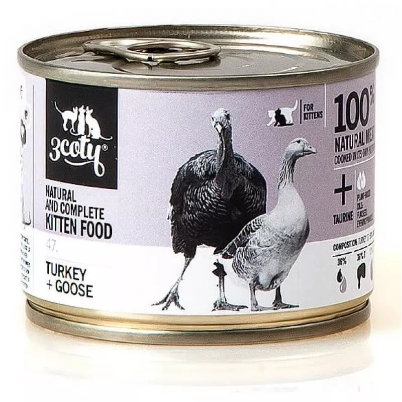 Märg kassipoegade toit 3coty KALKUN + HANI 180 g — täisväärtuslik märg toit noortele kassipoegadele, valk 18%, rasv 14%, niiskus 64,9%