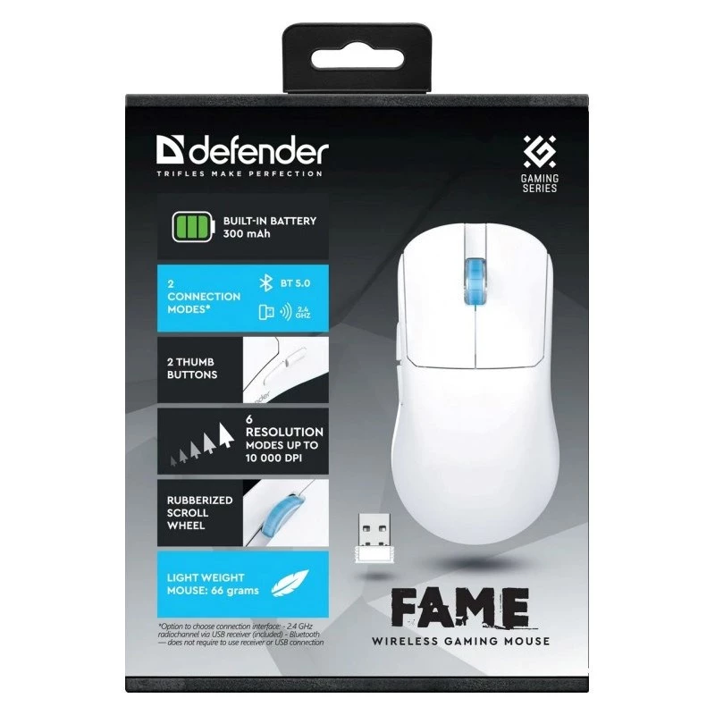 WIRELESS hiir DEFENDER FAME GM-516 RF+BT 10000DPI 6P VALGE