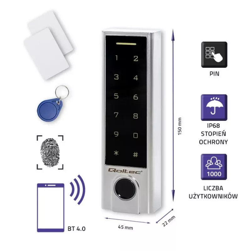 Qoltec 52448 koodlukk TITAN sõrmejäljelugejaga | RFID | BT 4.0 | kood | kaart | võtmehoidik | uksekell | IP68 | EM