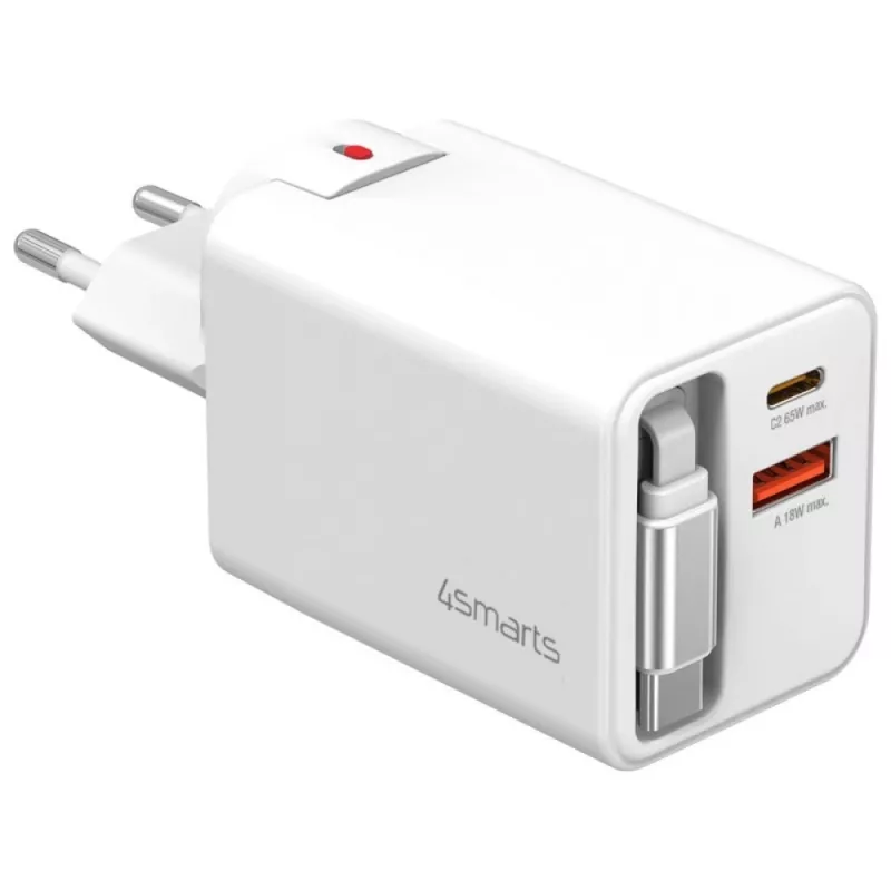 Siselaadne USB-C/USB-A kiirlaadija 4smarts 541065 — universaalne vahelduvvool 100–240 V, max 20 V, 0,7 m kaabel, valge