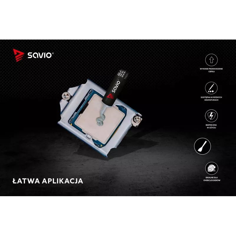 Termopasta SAVIO TG-04 4 g — soojusjuhtivus 14,5 W/m·K, töötemperatuur -250 kuni 300 °C, hall