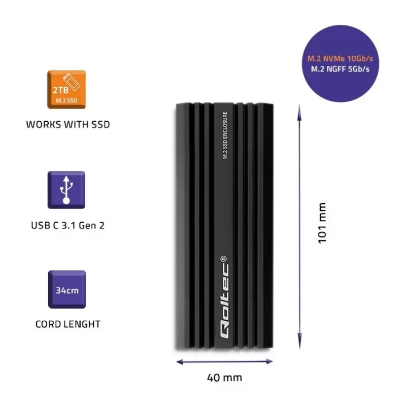 Väline SSD-korpus QOLTEC NV2270 M.2 SATA/NVMe draividele, USB-C, kuni 2 TB