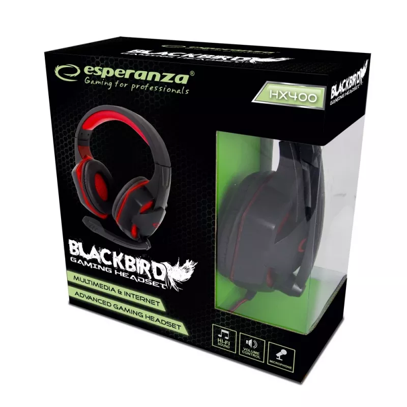 Mängupeakomplekt ESPERANZA BLACKBIRD, mikrofon, USB/Jack 3.5mm, must/punane