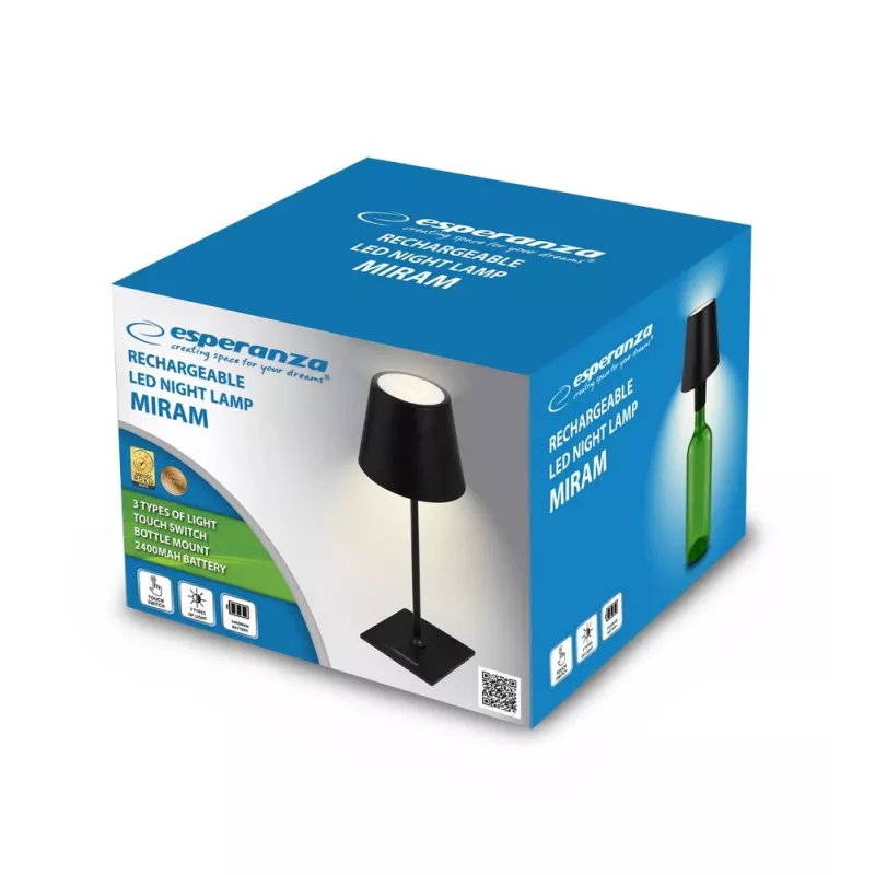Laua LED-lamp ESPERANZA ELD119K Must — 3 W, 4000 K, 200 lm, USB-C, 2400 mAh aku, 400 mm kõrgus