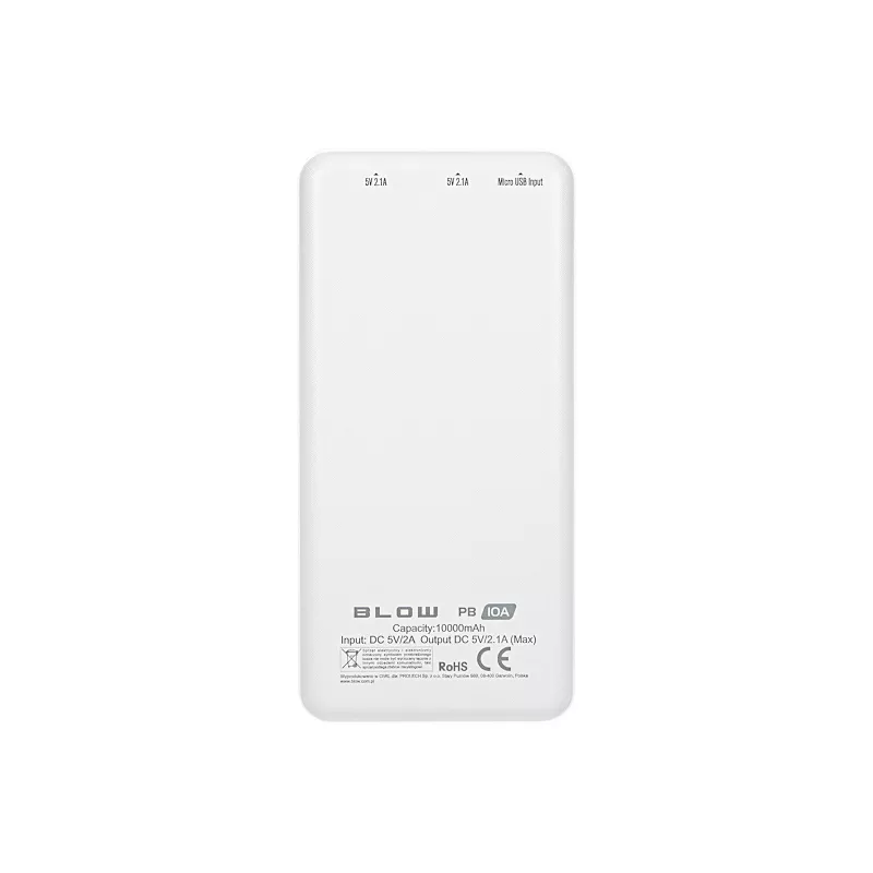 Kaasaskantav laadija akupank BLOW PB10A 10000mAh (37Wh), 2x USB-A väljundid, 22,5W koguvõimsus, Micro‑USB sisend, polümeeraku