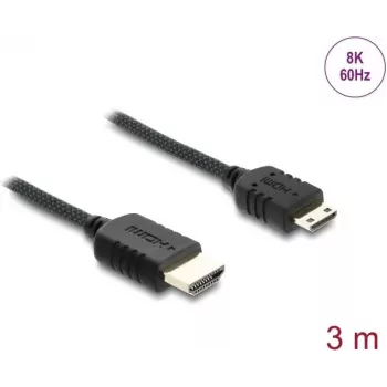 DELOCK HDMI-kaabel 3 m — Tüüp A (isane) tüüp C-le (Mini) (isane), 48 Gbit/s, kuni 7680×4320, kullatud kontaktidega, must