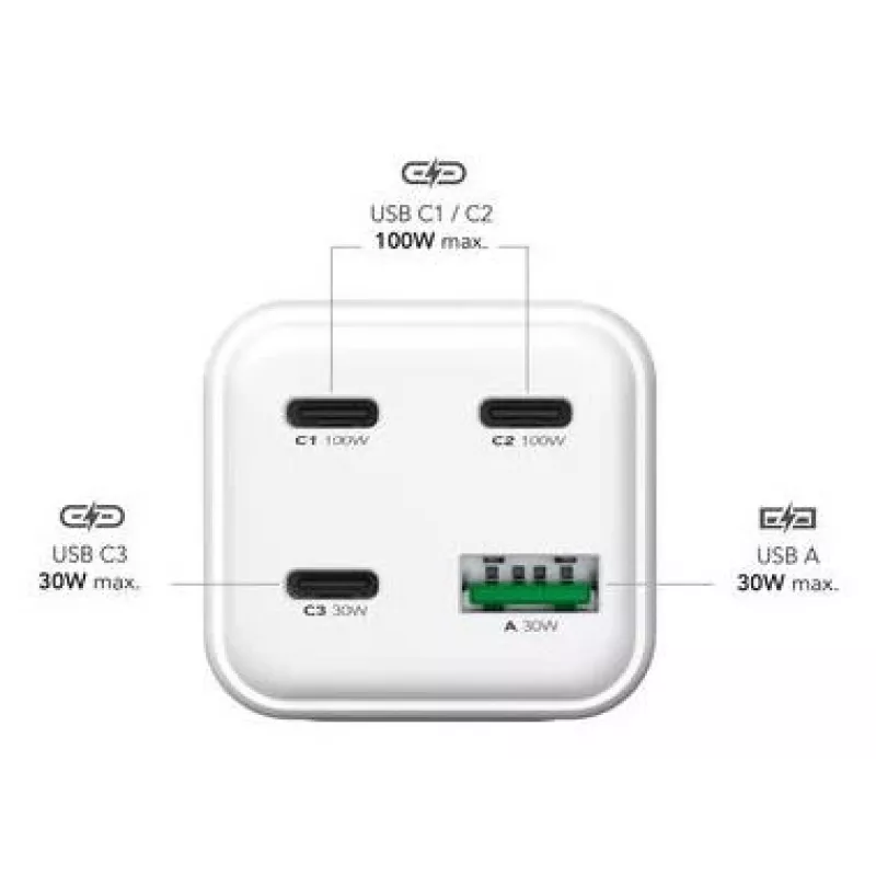 MediaRange MRMA124 mobiilseadmete laadija 100 W vahelduvvool, 3x USB-C, 100–240 V sisend, 1,5 m kaabel, valge
