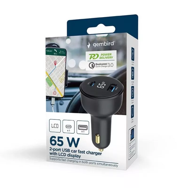 MOBIILILAADIJA AUTO USB 2PORT/TA-UC-AC2PD30LCD-CAR01 GEMBIRD