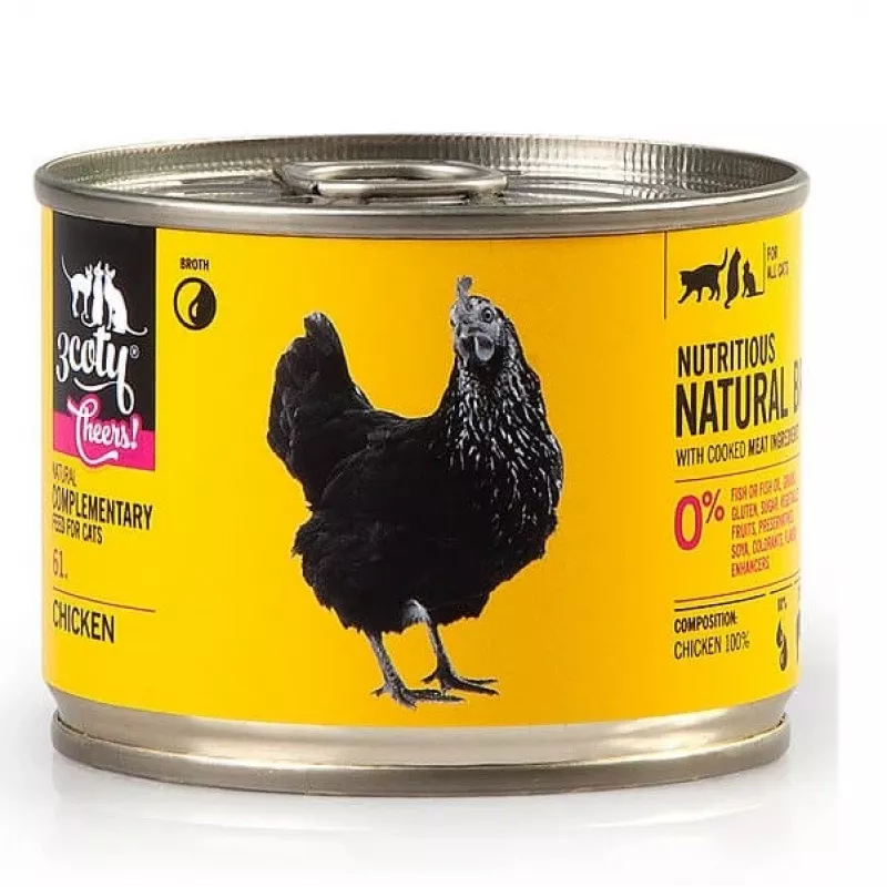Täiendsööt kassidele 3coty CHICKEN Cheers! 160 g — märg konserv, kanamaitseline, 160 g, valk 12%, rasv 7,5%, niiskus 80%
