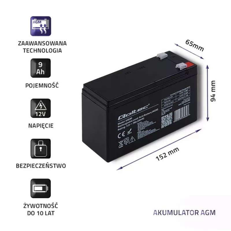 Katkematu toiteallika aku QOLTEC 53031 12V 9Ah roheline, 152×94×65 mm, 2.35 kg