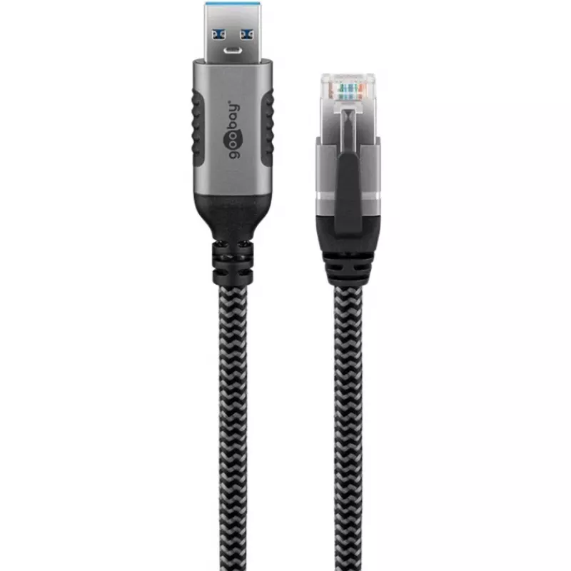Ethernet-kaabel USB-A 3.2 Gen1 pistik > RJ-45 pistik, LAN-adapter must/hõbedane, 10 meetrit, punutud tekstiilkattega