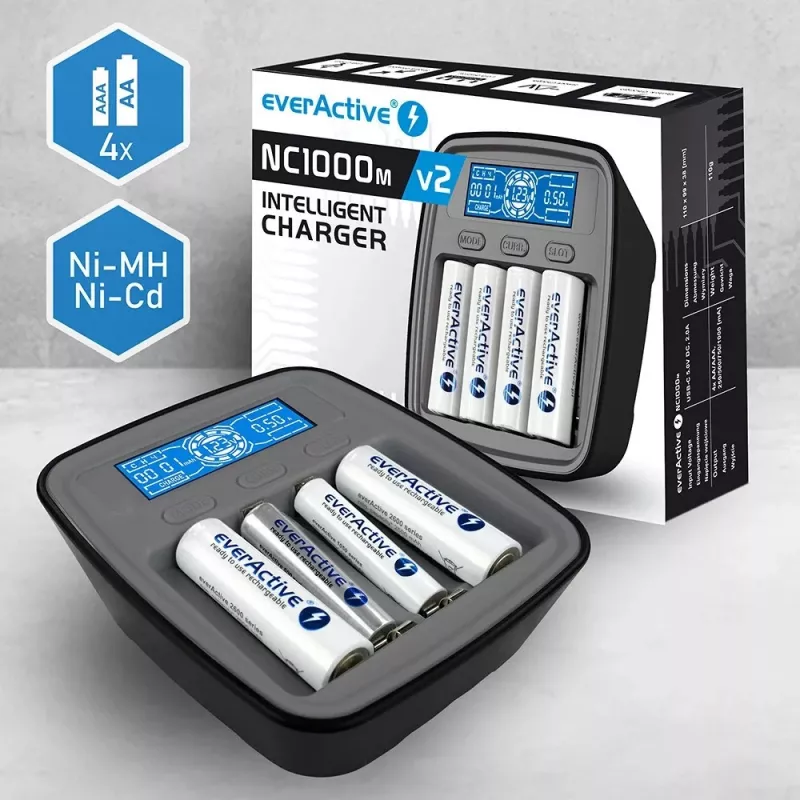 Akulaadija everActive NC1000MV2 — Ni-MH 4-pesaline USB-C laadija, 4 akut, 5 V, must, 110×99×38 mm