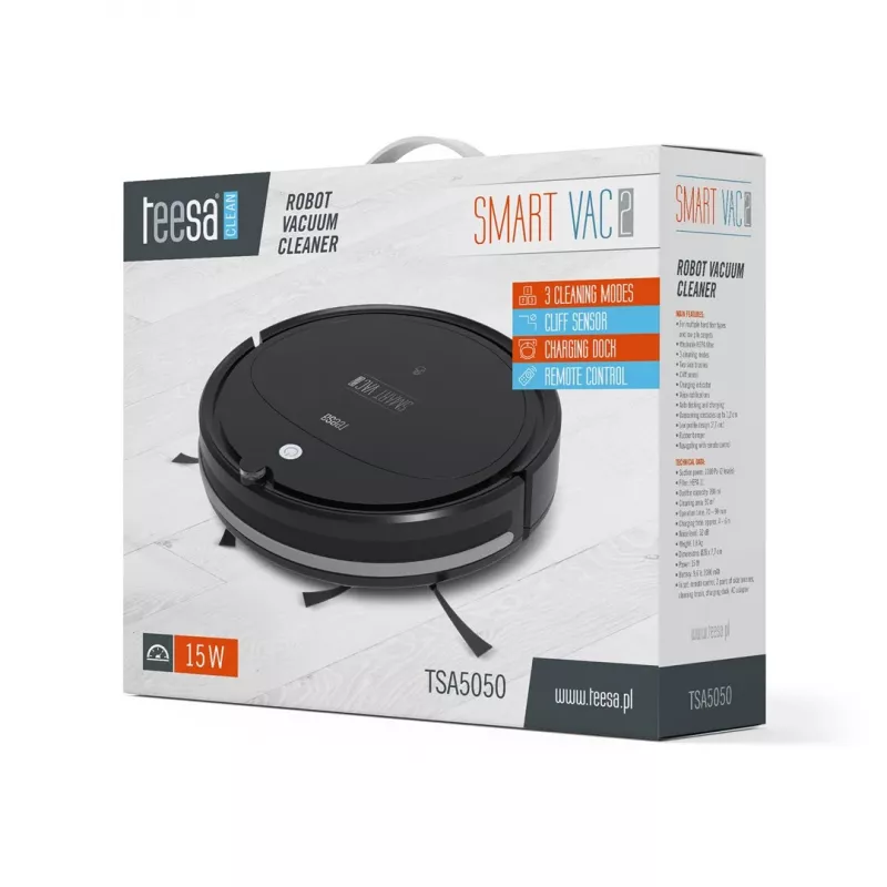 Robottolmuimeja TEESA Smart VAC 2 — ümmargune, must, 1000 Pa imemisvõimsus, 9,6 V / 2000 mAh liitiumaku, 0,2 L tolmumahuti, Wi‑Fi, automaatne tagasipöördumine