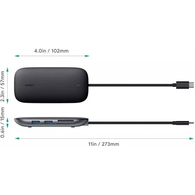 Sülearvuti dokkimisjaam AUKEY CB-C71 — 3× USB-C (USB 3.2 Gen1), HDMI, RJ‑45, MicroSD, USB PD 100W, 0,15 m kaabel, must