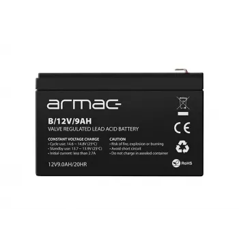 UPS-aku ARMAC B/12V/9AH — Suletud pliiaku 12V 9Ah, 1,8A laadimisvool, 122A max tühjendusvool, ABS korpus, 65×151×94 mm