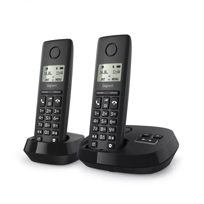 Juhtmeta analoog/DECT telefon Gigaset PURE 100A Duo — 2 toru, valjuhääldi, kõne tuvastus, 1,5-tolline ekraan, must