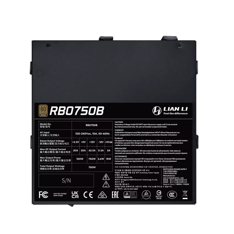 Toiteplokk Lian Li RB0750B.B 750 W ATX 24-kontaktiline, 80 PLUS Bronze, 135 mm ventilaator, must