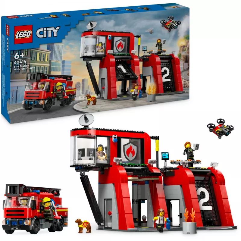 Konstruktsioonimänguasi LEGO City tuletõrjedepoo pöördredeliga sõidukiga 60414 — 843 detaili, 5 minifiguuri, 220×320×140 mm