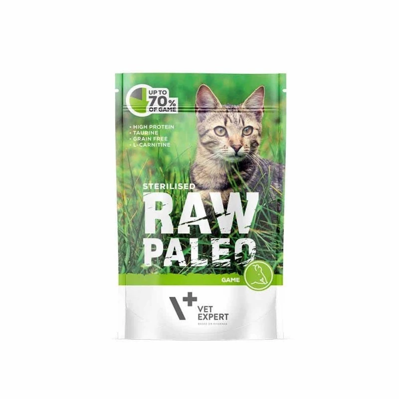 Märg kassitoit VETEXPERT RAW PALEO Adult Sterilised Game 100 g — hirveliha, teraviljavaba, ülekaalutendentsile