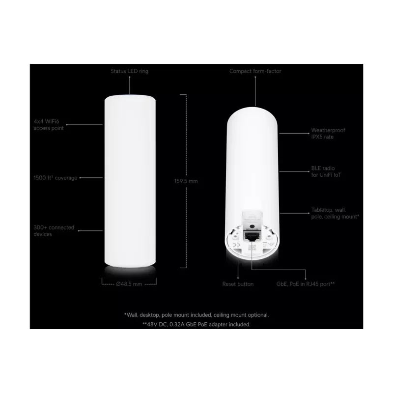 Ubiquiti UniFi U6-Mesh WiFi 6 pääsupunkt AX5300 5.3 Gbps IPX5 veekindel - valge