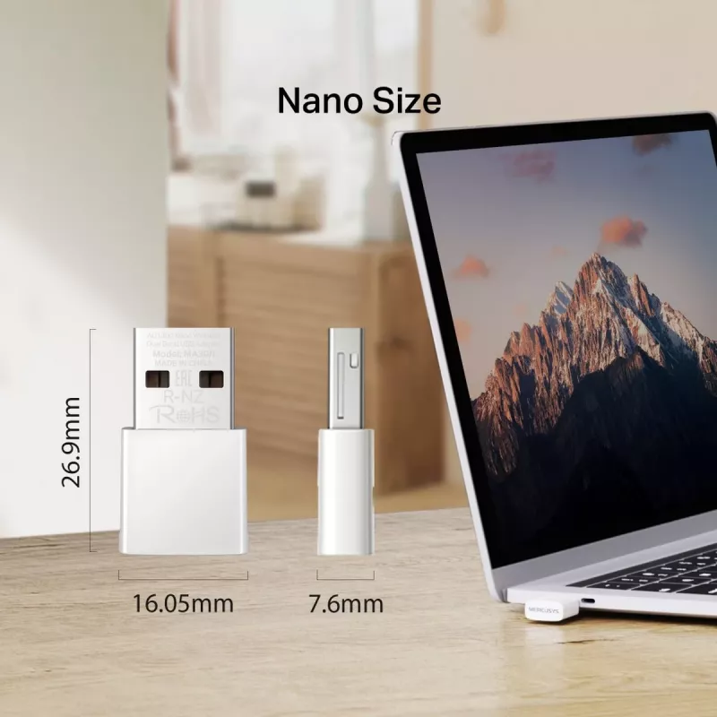 võrk USB adapter MERCUSYS MA30N — kaheribaline Wi‑Fi (2,4/5 GHz), 400/867 Mbit/s, USB 2.0, sisemine antenn, valge