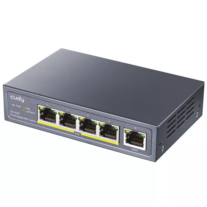 Võrgukommutaator Cudy GS1005P — 5-pordine Gigabit Ethernet 4 PoE-pordiga, 60 W koguvõimsus, metallkorpus, rack-paigaldatav