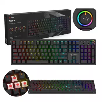 Mehaaniline mänguklaviatuur SAVIO STYX Outemu Red — täissuuruses 104-klahviga USB-juhtmega, RGB, ANSI US International, 1,5 m, must