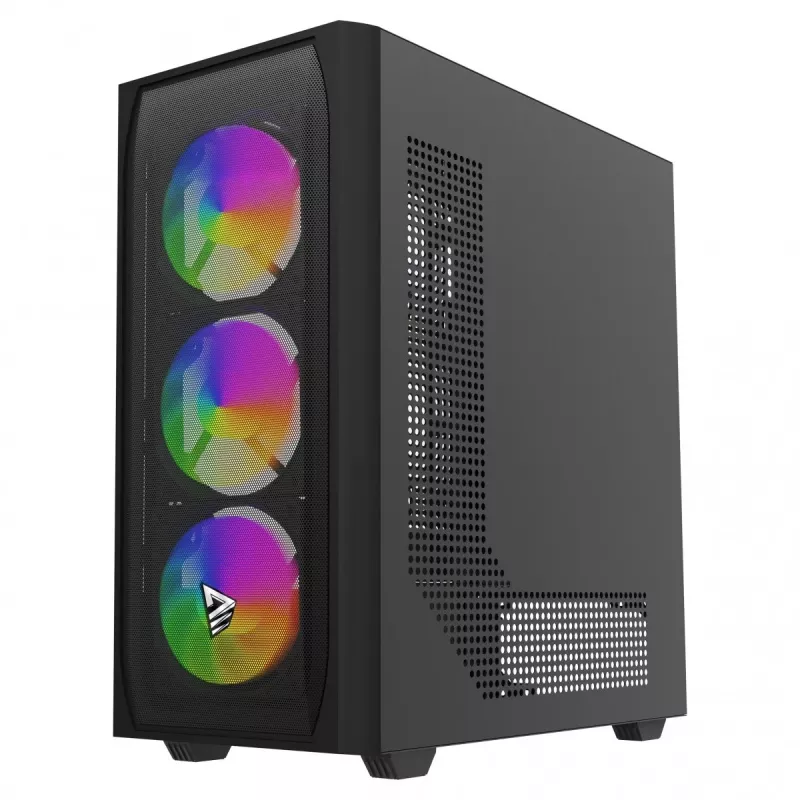 Arvutikorpus SAVIO Noctis Flow RGB — Kuubik, ATX/Mini-ITX, 3x 120 mm esiventilaatorit, karastatud klaasist külg, max GPU 35 cm