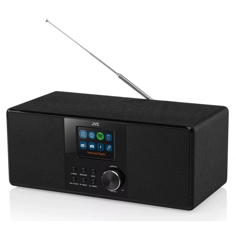 Internetiraadio JVC RA-E981B — Wi‑Fi ja Bluetooth voogesitus, DAB+, FM, 2x5 W, 40 eelseadistust, USB, AUX, LCD-ekraan