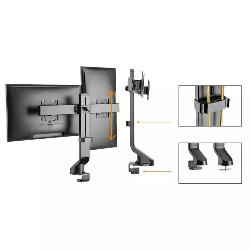 Monitorihoidik MACLEAN MC-854 kahele kuvarile 17–27 tolli VESA 75x75 / 100x100, kahe haruga lauakinnitus