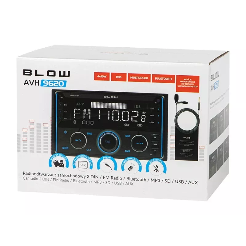 2DIN autoraadio BLOW AVH-9620 topelt-DIN-i armatuurlaua peasüsteem Bluetooth 5.0, USB Type-A, 2,8-tollise ekraaniga, 4×60 W RMS