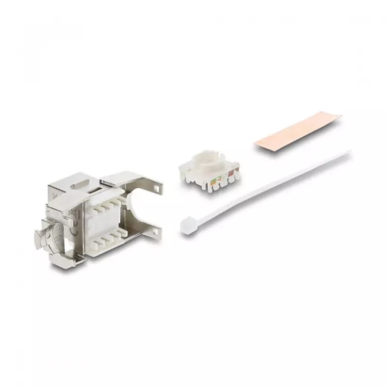 Keystone-moodul DELOCK RJ45 LSA-le Cat.6A varjestatud, tööriistavaba, lame, hõbe/valge, tolmukaitsekorgiga