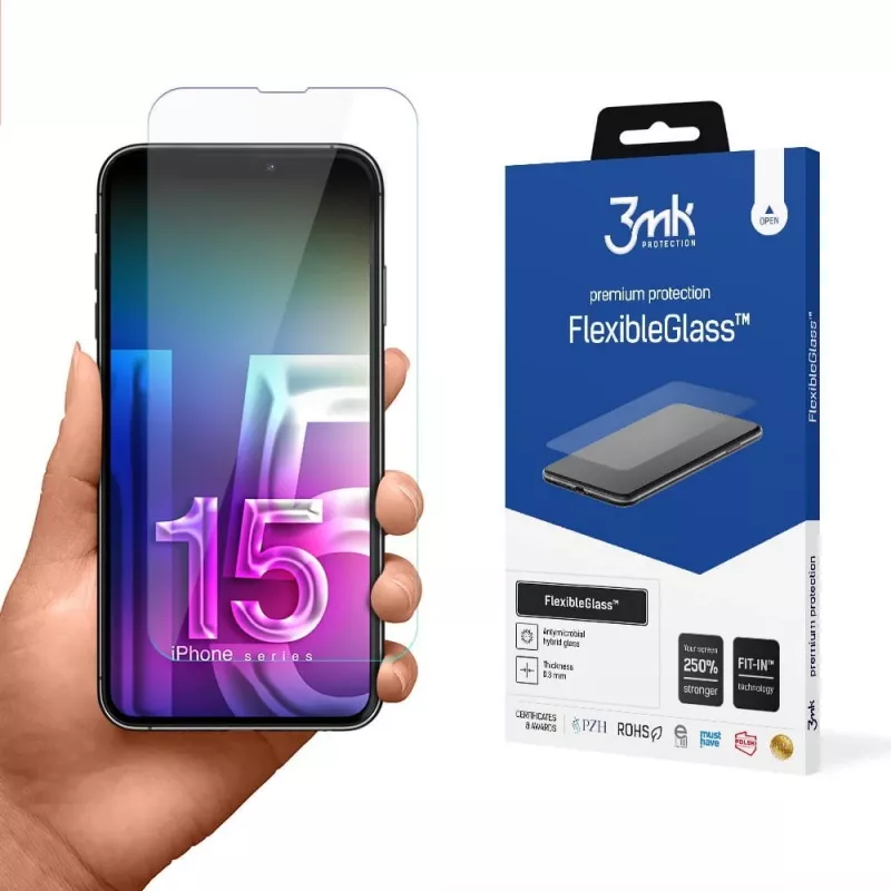 Karastatud painduv ekraanikaitse 3MK FlexibleGlass Pro Apple iPhone 15 jaoks — läbipaistev, kriimustuskindel