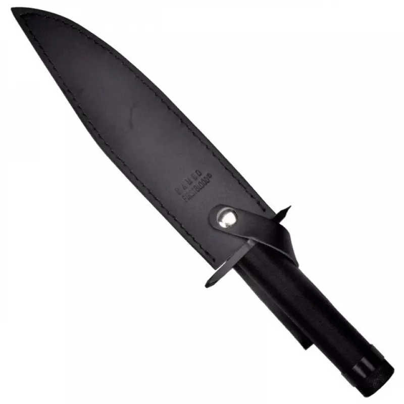 Fixed-blade survival knife cinema classic Rambo I CC-H1 — 360 mm üldpikkus, 225 mm sakiline terasest tera, must nahast tupp